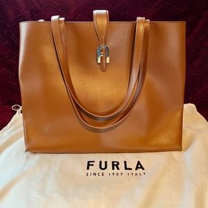Authentic Furla Sofia Solid-Hued large Leather Tote, color Cognac